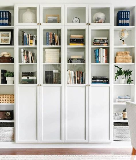 Ikea tips, hacks and more! | If you put the shelves together like this, no spacers, will the Oxberg doors still open easily | Facebook Salons Cottage, Built In Bookshelves, Bookcase Hack, Billy Ikea, Ikea Built In, Ikea Desk Hack, Billy Bookcase Hack, Ikea Billy Bookcase Hack, Ikea Bookcase