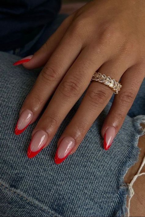 French Nail Designs 2024 Trends, Summer Nail 2024 Trends Almond, Neon Red Nails, Red Tip Nails, Monochromatic Nails, Insta Nails, Paznokcie Hello Kitty, Kutek Disney, September Nails