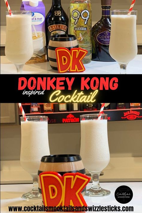 This image shows two drinks in hurricane glasses with red striped straws with bottles of liquid in the background and a barrel with red and yellow DK letters. Mixology Drinks, Fruity Alcohol Drinks, Flavored Liquor, Mario Birthday Party, Chocolate Liqueur, Themed Drinks, Mario Birthday, Mixed Drinks Recipes, Mario Bros.