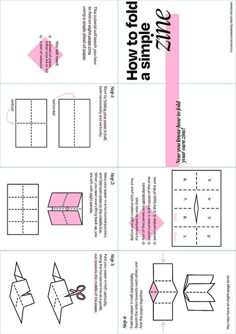 How to fold an eight-page zine, using a single sheet of paper. Zine Tutorial, Paper Zine, Illustration Education, Zine Design, How To Fold, Sheet Of Paper, Art References, Packaging Design, Adobe Illustrator