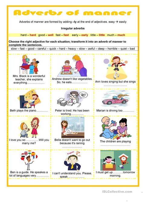 Adverb Of Manner, Preschoolers Worksheets, Adverbs Of Manner, Worksheets For Preschoolers, 3rd Grade Writing, Kids Worksheets Printables, Grammar Practice, Pre Algebra, English Classroom