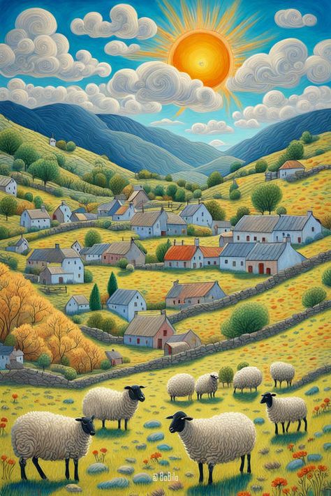 Sheep Grazing in a Scottish Highland Village Scottish Countryside, Naive Painting, Whimsical Art Paintings, Farm Paintings, Rural Landscape, Fantasy Art Landscapes, Watercolor Sketch, Naive Art, Diy Art Painting