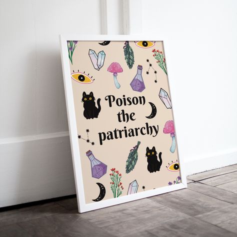 Poison the patriarchy, witchy feminist DOWNLOADABLE quote print, Fun feminism mushroom herb print, Black cat witch art, Halloween Black Cat Witch, The Patriarchy, Art Halloween, Witch Art, Mid Century Art, Printable Quotes, Quote Prints, Black Cat, Room Ideas