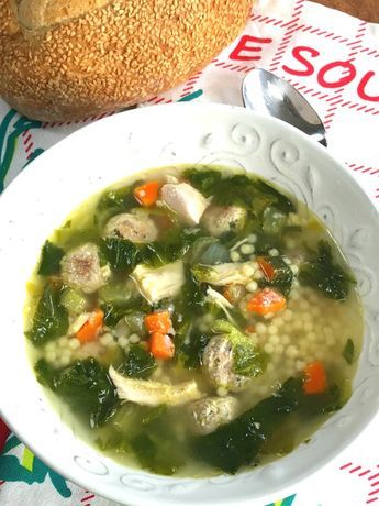 Italian Wedding Soup with Escarole and Mini Meatballs - Proud Italian Cook Chicken Escarole Soup, Soup With Escarole, Soup Meatball, Sunday Soup, Escarole Soup, Italian Wedding Soup Recipe, Mini Meatballs, Wedding Soup, Meatball Soup