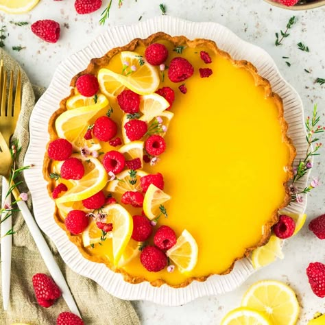 Lemon Raspberry Tart, Raspberry Custard Tart Recipe, Pioneer Woman Lemon Raspberry Tarts, Lemon Tart With Shortbread Crust, Raspberry Lemon Curd Tart, Raspberry Ganache Tart, Raspberry Tart Recipe, Raspberry Torte, Lemon Tart Recipe