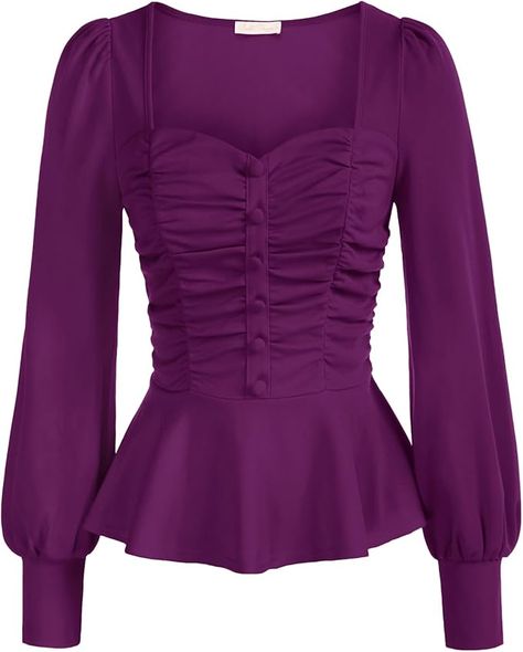 Women Purple Lantern Sleeve Vintage Tops Elegant Fit Ruched Front Peplum Blouse Tops (Purple,S) at Amazon Women’s Clothing store Purple Lantern, Lantern Sleeved Blouses, Vintage Lanterns, Blouse Tops, Peplum Blouse, Vintage Elegant, Lantern Sleeve, Sweetheart Neck, Women Vintage