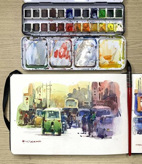 Art Aesthetic Watercolor, Gouache Landscape, Watercolour Sketchbook, Aquarelle Art, Travel Art Journal, Watercolor Journal, Watercolour Inspiration, Watercolor Sketchbook, 수채화 그림