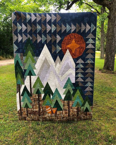 Adventure Quilt Pattern, Forest Quilt Patterns, Misty Pines Quilt, Outdoor Quilt Ideas, Quilts With Mountains, Outdoor Quilt Patterns, Wilderness Quilt Patterns, Mountain Quilt Patterns, Nature Quilt Patterns