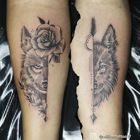 Brother Sister Wolf Tattoo, Mother And Son Wolf Tattoo, Couple Dove Tattoos, Mother Daughter Wolf Tattoos, Couple Wolf Tattoo Ideas, Wolf Tattoo For Couples, His And Her Wolf Tattoos Couple Tat, Wolf Tattoo Couple, His And Hers Wolf Tattoos