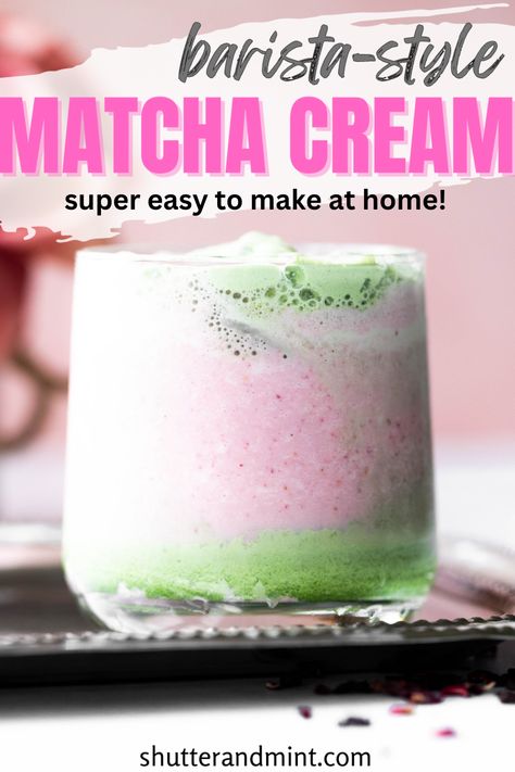 Matcha Whipped Cream (or matcha cold foam) is absolutely perfect on iced drinks, desserts, or smoothies! It's easy to make at home (with a hand frother). Matcha Whipped Cream, Matcha Cold Foam, Hand Frother, Drinks Smoothies, Barista Fashion, Cold Foam, Matcha Powder, Whipping Cream, Pure Maple Syrup