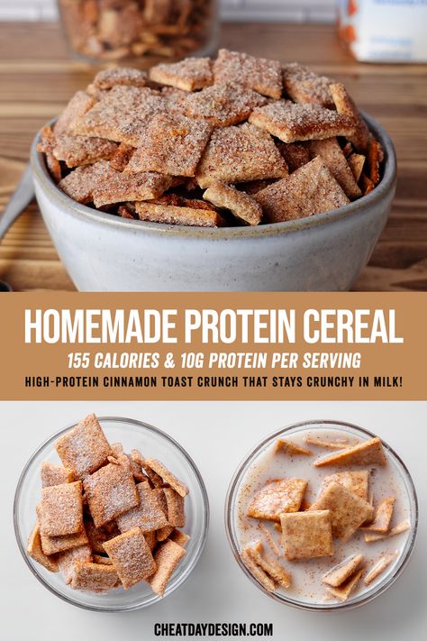 Let's be honest: most protein cereal you find on shelves tastes terrible. It's time to change that! Our homemade protein cereal is easy to make, packed with cinnamon sugar flavor, and includes a generous 10 grams of protein per serving. Protein Powder Dinner Recipes, Homemade Cinnamon Cereal, Low Calorie High Protein Sweet Breakfast, Diy Protein Cereal, Cinnamon Toast Crunch Protein Balls, Vegan Cereal Recipe, Low Calorie Cereal Recipe, Christmas Protein Recipes, Homemade Protein Cereal