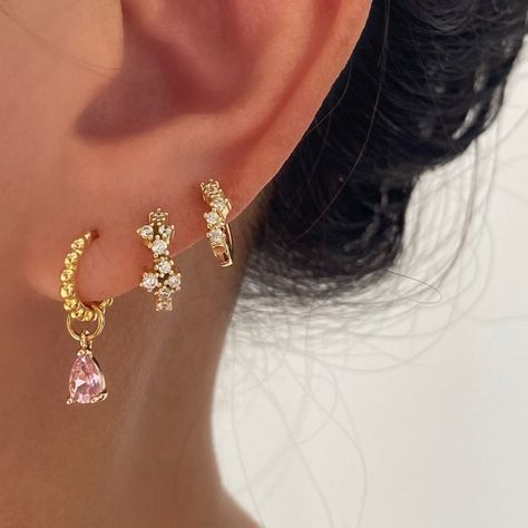 Pink Ear Stack, Pink Earring Stack, Earring Stack, Pretty Ear Piercings, Wrist Jewelry, Jewelry Accessories Ideas, Classy Jewelry, Stacked Jewelry, Jewelry Lookbook