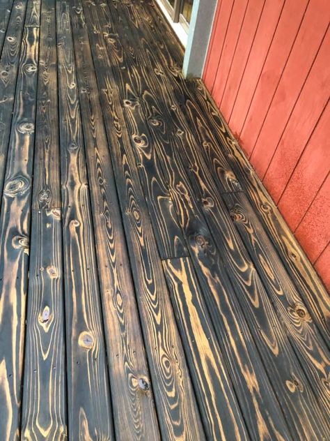 Burnt Wood Walls Interiors, Burnt Wood Ceiling, Rustic Deck Ideas, Deck Staining Ideas, Burnt Wood Projects, Burnt Pine Wood, Rustic Deck, Burnt Wood Finish, Deck Stain Colors