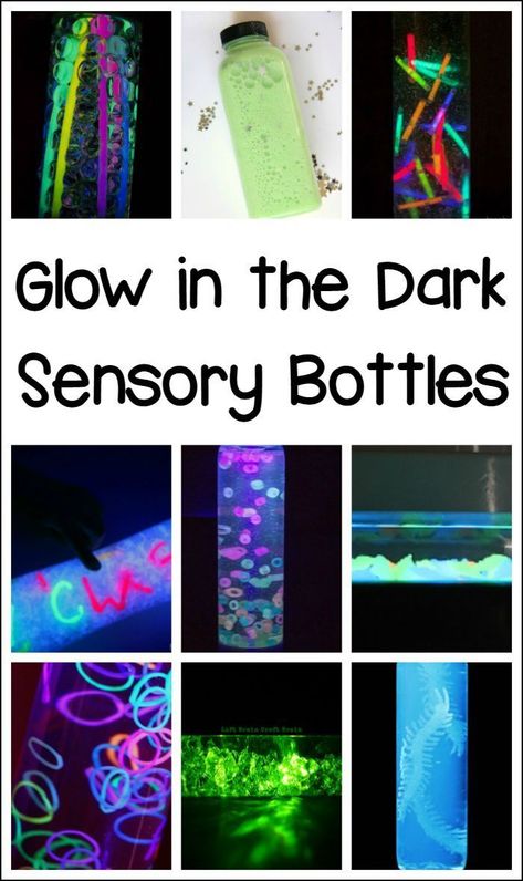 10+ glow in the dark sensory bottles to make with the kids Glow Stick Jars, Calming Bottle, Calm Down Bottle, Glow Jars, Discovery Bottles, Glow Paint, Sensory Crafts, Sensory Rooms, Light Activities