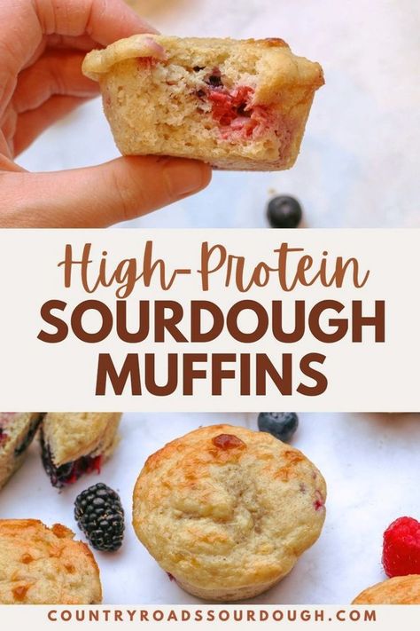 Indulge in our delicious mixed berry sourdough protein muffins, a perfect summer snack. This easy sourdough discard recipe combines fresh berries, greek yogurt, and bananas, sweetened with honey for a moist and flavorful treat. High in protein and macro-friendly, these muffins have 10 grams of protein per muffin and are ideal for a healthy, on-the-go snack. Learn how to make these tasty muffins in less than 30 minutes. Protein Sourdough Muffins, Healthy Sourdough Banana Muffins, Postpartum Muffin Recipes, High Protein Mini Muffins, Sourdough Healthy Recipes, Sourdough Discard Protein Bars, Sourdough Breakfast Muffins, Sourdough Muffins Healthy, Sourdough Protein Muffins