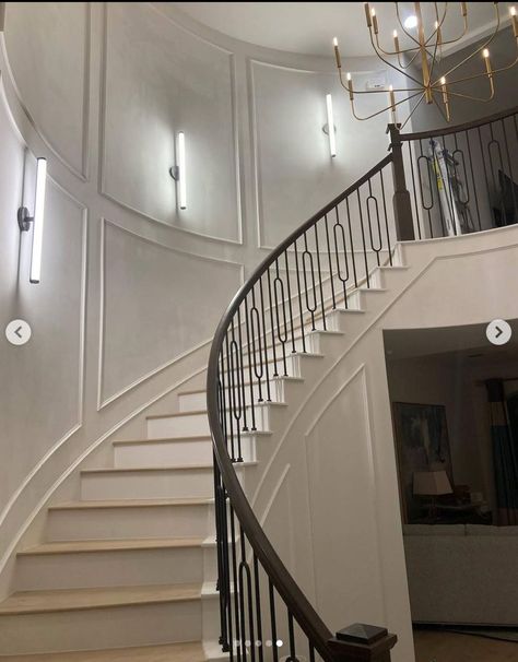 Molding On Curved Staircase, Curved Staircase Wainscoting, Wainscoting On Curved Staircase, Curved Staircase Millwork, Trim Work Staircase, Wainscoting Curved Stairs, How To Decorate A Curved Staircase Wall, Curved Staircase Accent Wall, Curved Staircase Molding