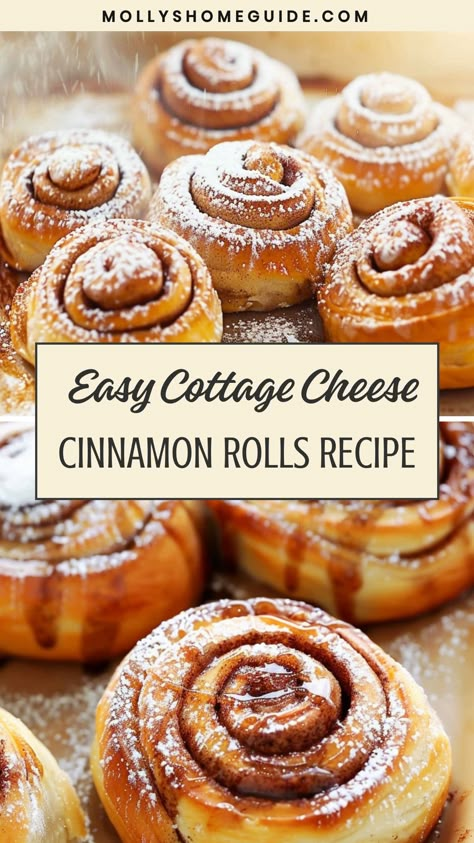 Indulge in the ultimate comfort food with these homemade cottage cheese cinnamon rolls. The soft, pillowy dough complements the sweet and aromatic cinnamon filling perfectly. Baked to perfection, these rolls are a warm and cozy treat that will surely delight your taste buds. Whether enjoyed for breakfast or as a sweet snack, these cottage cheese cinnamon rolls are a delightful addition to any meal. Treat yourself to a delicious batch today!  Ingredients 1 cup cottage cheese 3/4 cup white sugar 2 Cottage Cheese Rolls Recipes, Cottage Cheese Dough, Cottage Cheese Baked Goods, Cottage Cheese Baking Recipes, Cottage Cheese Baking, Banana And Cottage Cheese Recipes, Cinnamon Apple Cottage Cheese Bites, Baking With Cottage Cheese, Cottage Cheese Cinnamon Bread