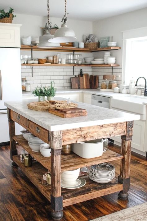 "Transform your kitchen with a Rustic Farmhouse Island! 🍳🌾 Perfect for creating a warm, inviting space for cooking and gathering. 🌟✨ #RusticCharm #KitchenInspo #FarmhouseVibes" Kitchen Chopping Block Island, Chopping Block Counter Top Island, Rustic Kitchen Island Butcher Block, Square Kitchen Island With Thick Butcher Block Top, Reclaimed Wood Kitchen Island Farmhouse, Farmhouse Island, Earthy Kitchen, Small Farmhouse Kitchen, Farmhouse Kitchen Island