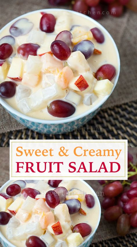 This fruit salad is made of fresh and canned fruits bathed in a deliciously sweet and creamy dressing made of condensed milk and cream. It is an actual dessert treat rather than a salad. #fruitsalad #condensedmilk #sweetsalad #dessertsalad #filipinofood #filipinorecipe #fruits #fruitcocktail #cannedfruits #tablecream #creamysalad #nochebuena #condensedmilkrecipes #apples #grapes How To Make Fruit Salad Recipes, Fruit Salad Recipe With Condensed Milk, Fruit With Condensed Milk, Filipino Fruit Salad Condensed Milk, Coconut Cream Fruit Salad, Gelatin Fruit Salad, Fruit Condensed Milk Dessert, Fruit Salad With Sweet Condensed Milk, Condensed Milk Fruit Salad