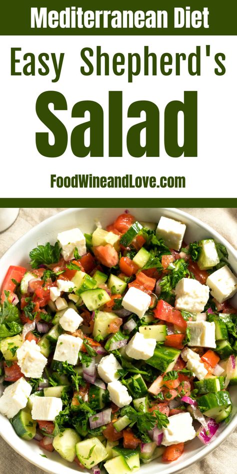 Simple and Delicious Shepherd's Salad , so easy to make! This is a great vegetarian, low fat, gluten free, and Mediterraneand diet friendly salad recipe! Healthy Fruit Salads, Steak Salads, Low Fat Salads, Diet Salad Recipes, Most Pinned Recipes, Med Diet, Balanced Diet Plan, Baking Powder Uses, Most Pinned