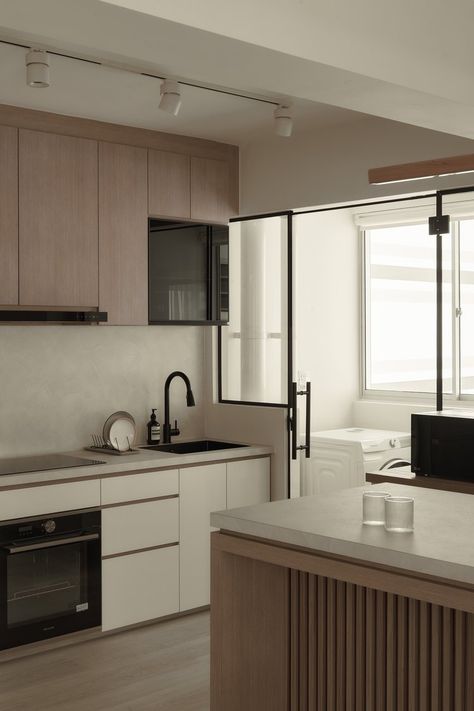 #P027 — Threehaus Works Kitchen Service Area Ideas, Service Yard Hdb Ideas, Dark Scandinavian Interior, Kitchen Hdb, Muji Kitchen, Service Yard, Yard Door, Wabi Sabi Kitchen, Reno Kitchen