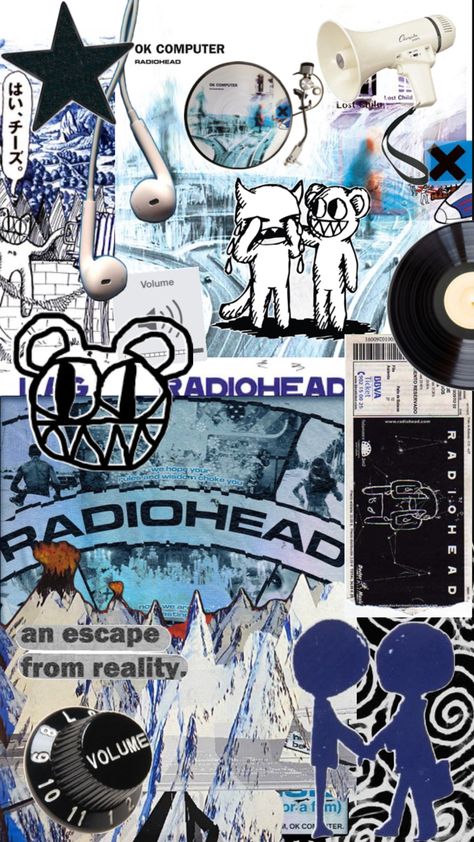 collage, radiohead, blue, cute Wallpaper Ideas Phone, Wallpaper Ethereal, Phone Wallpaper Art, Abstract Phone Wallpaper, Pink Ribbon Wallpaper, Ribbon Wallpaper, Radiohead Poster, Ok Computer, Phone Wallpaper Pink