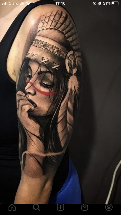 Native American Tattoo Sleeve For Women, India Tatoos Woman, Center Piece Tattoo, Indian Lady Tattoo, Indian Tattoos For Women Native, Native Tattoos For Women, Indian Woman Tattoo, Native American Woman Tattoo, Native American Tattoos For Women