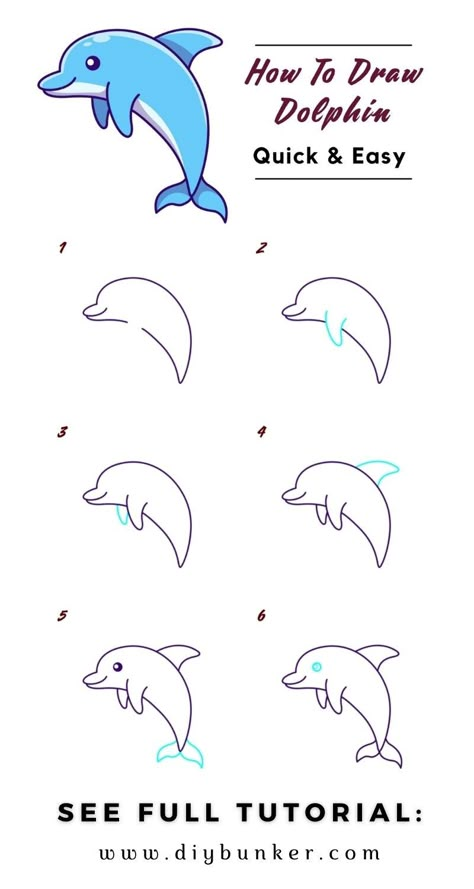 Illustration Lessons, Draw A Dolphin, Trin For Trin Tegning, Dolphin Drawing, Drawing Lessons For Kids, Durga Painting, Journal Diy, Drawing Tutorials For Kids, A Dolphin