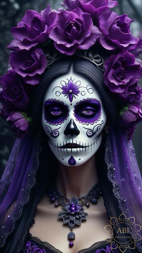 Purple Dia De Los Muertos Makeup Ideas, Purple Sugar Skull Makeup, Indian Chief Tattoo, Day Of The Dead Girl Tattoo, Graphic Design Activities, Teenage Halloween Costumes, Day Of The Dead Artwork, Day Of The Dead Girl, Sugar Skull Artwork