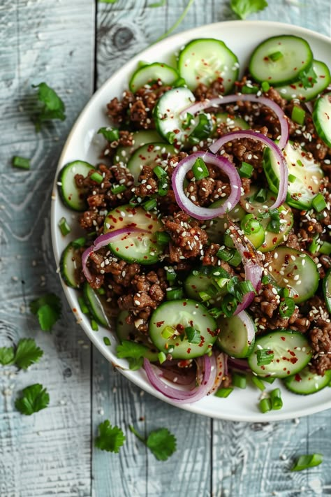 Mouthwatering Spicy Keto Korean Ground Beef Recipe with Refreshing Cucumber Salad Keto Spicy Cucumber Salad, Bulgogi Appetizer, Low Carb Dinner For 2, Korean Beef Salad, Low Glycemic Ground Beef Recipes, Low Calorie Paleo Recipes, Low Carb Cucumber Recipes, Healthy Lunch Ideas Keto, Meat And Salad Dinners