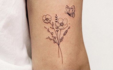 Daisy Rose Butterfly Tattoo, Butterfly With Violets Tattoo, Bouquet Of Flowers Tattoo With Butterfly, Dainty Flower And Butterfly Tattoo, Poppy Tattoo Butterfly, Wildflower With Butterfly Tattoo, Butterfly Flower Bouquet Tattoo, Poppy With Butterfly Tattoo, Poppy Flower And Butterfly Tattoo