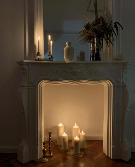 Candlesticks In Fireplace, Mantel Surround Ideas, Romantic Fireplace, Mantle Decorations, Fireplace With Candles, Candles In Fireplace Ideas, Living Room Candles, Candles In Fireplace, Fireplace Mantle Decor