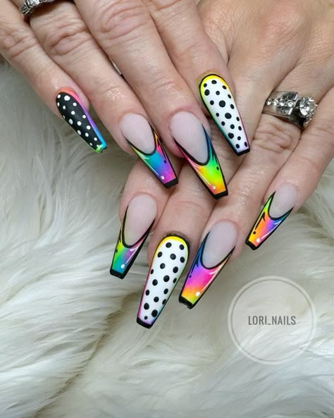 These neon pop art nails with polkadots have been turning heads everywhere Acrylic Nail Designs Pop Art, French Pop Art Nails, Color Pop Nail Art, Comics Nails Design, Neon Cartoon Nails, 80s Theme Nail Designs, Art Pop Nails, Neon Pop Art Nails, Neon Nails With Black