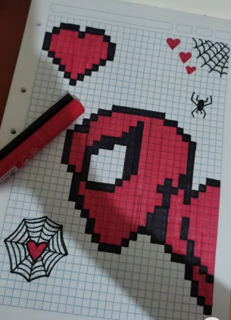 Spiderman Pixel Art, Square Drawing, Spiderman Drawing, Spiderman Art Sketch, Graph Paper Drawings, Pixel Art Tutorial, Easy Pixel Art, Pixel Drawing, Easy Love Drawings