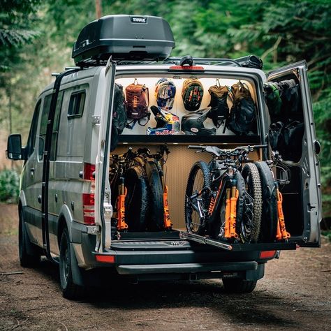 Important Considerations For Mountain Bike Vans & 5 Adventure-Ready Examples - Two Wheeled Wanderer Van Conversion Bike, Vw Crafter Camper, Bike Storage In Van, Iveco Daily 4x4, Camping Cart, Auto Camping, Image Moto, Velo Vintage, Sprinter Camper