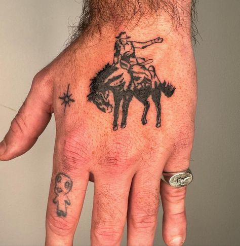 Back Of The Hand Tattoo, Trad Cowboy Tattoo, Western Tattoo Stencil, Broke Tattoos, Cowboy Tattoo Western, Western Tats, Folk Tattoos, Outlaw Tattoo, Cowboy Tattoo