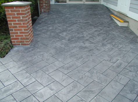 Light Gray w/medium Gray contrast - Stamped concrete Stamped Concrete Designs, Stamped Concrete Patterns, Stamped Concrete Driveway, Playground Landscaping, Concrete Patio Designs, Concrete Patios, Concrete Light, Pool Remodel, Concrete Houses