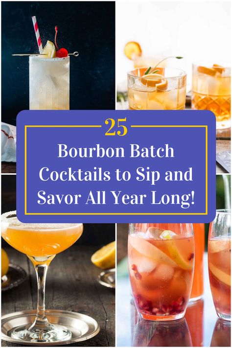 Collage of 4 bourbon batch cocktails. High Ball Drink Recipe, Bourbon Cocktails For A Crowd, Big Batch Bourbon Cocktails, Bourbon Batch Cocktail, Batch Bourbon Cocktail, Whiskey Batch Cocktail, Burbon Drinks, Picnic Drinks, Batch Cocktail Recipe