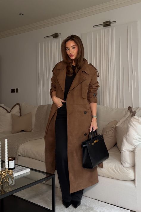 Napped trench coat curated on LTK Camo Coat Outfit, Black Suede Trench Coat Outfits, Dark Brown Trench Coat Outfit, Trench Coat Cowboy Boots, Dark Trench Coat Aesthetic, Brown Trench Coat Outfit, Dark Brown Leather Trench Coat, Brown Trench Coat, Trench Coat Outfit