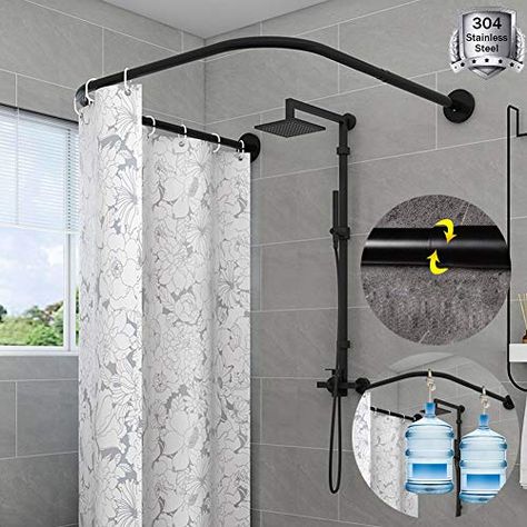 Corner Shower Curtain, Bathtub Corner, Corner Shower Curtain Rod, L Shaped Bathroom, Curved Shower Curtain Rod, Curved Shower Curtain, Ceiling Curtain Track, L Shaped Bath, Curtain Hangers