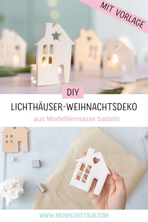 DIY-Idee zum Nachbasteln. Winterliches basteln. Lichthaus mit Modelliermasse basteln. Mit Vorlage. Wichtelgeschenk. Weihnachtsgeschenk. Diy Ton, Ton Diy, Diy For Christmas, Advent Diy, Diy Keramik, Christmas Diy Kids, Weihnachten Diy, Diy Air Dry Clay, Diy Winter