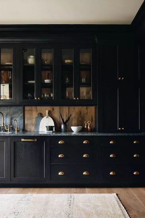 Kitchen With Dark Cabinets, Moody Kitchen, Dark Brown Cabinets, Kate Marker Interiors, Black Countertops, Glass Front Cabinets, Black Kitchen Cabinets, Dark Kitchen, Gold Kitchen