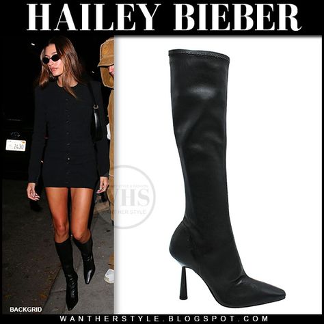 Hailey Bieber Black Boots, Gia Borghini X Rhw, Gia Borghini Boots Outfit, Gia Borghini Boots, Gia Borghini, Black Knee Boots, Hailey Baldwin Style, Balenciaga Sunglasses, Black Balenciaga