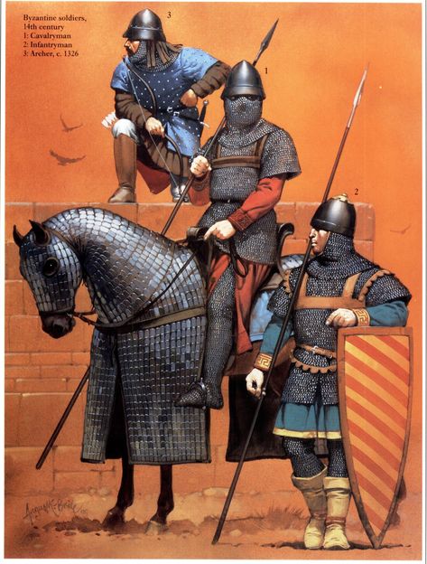 14th Century Byzantine Soldiers Byzantine Army, Deadliest Warrior, Warriors Illustration, Century Armor, Historical Warriors, Eastern Roman, Empire Romain, Ancient Warfare, Roman Soldiers