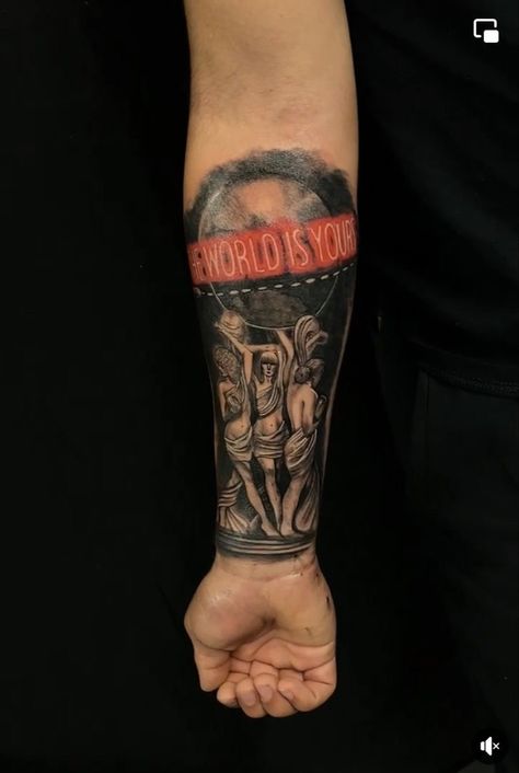 Now Time Tattoo, Tattoos To Represent Brothers, By Any Means Tattoo, Hard To Kill Tattoo, The World Is Yours Tattoo Forearm, Good Bad Tattoo, Ready To Die Tattoo, Rapper Inspired Tattoos, The World Is Yours Tattoo Scarface