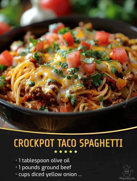 Easy Recipes | Crockpot Taco Spaghetti  | Facebook Spaghetti Crockpot Recipes, Spaghetti Crockpot, Mini Crockpot Recipes, Crockpot Taco, Seafood Salad Pasta, Taco Spaghetti, Crock Pot Tacos, Healthy Slow Cooker, Slow Cooker Recipes Healthy