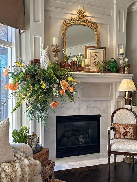 23 Christmas Mantel Decor Ideas for 2023 Spring Mantel Decorating Ideas, Spring Mantle Decor, Living Room Mantle, Spring Mantle, White Mantel, Mantel Decor Ideas, Coral Gables Florida, Orange Poppies, Mantel Design