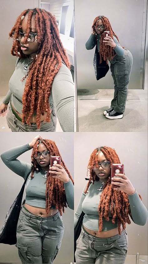 Thick Faux Locs Hairstyles, Thick Faux Locs, Braids On Locs, Earthy Tones Outfit, Fluffy Braids, Orange Locs, Neutral Tones Fashion, Braids 2024, Ginger Locs