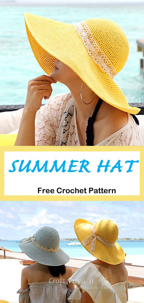 Summer Hat Crochet Pattern, Sunhat Pattern, Summer Hat Crochet, Summer Crochet Patterns Free, Crochet Hat With Brim, Crochet Summer Hats, Crochet Sun Hat, Hat Crochet Pattern, Crochet Hat Free