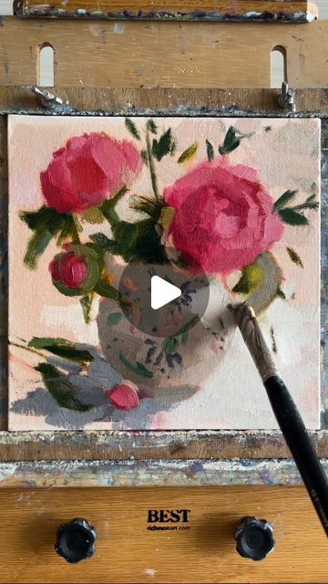 Clare Bowen Art - Plein Air on Instagram: "Step by step 🌺peony painting in oils, with brushwork & colour mixes. Hope you enjoy it!  10x10” oil on board  Sold  Using @rosemarybrushes @jacksons_art  * * #artvideo #paintingvideo #stilllife #peonies #peony #artist #art #peonypainting #pinkpeonies #peonyseason #interiorstyling #stilllifepaintings #oilpainting #impressionistart #allaprima #painting #paintings #fineart #instaart #artlover #artlover🎨 #stilllifepainting #paintingfromlife #clarebowenartiststilllife" How To Paint Peonies, Allaprima Painting, Abstract Peonies, Peony Oil Painting, Clare Bowen, Peonies Artwork, Peonies Painting, Peony Drawing, Diy Oil Painting